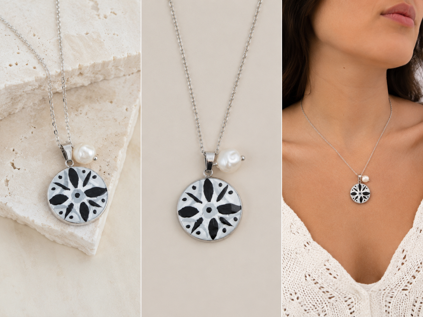 Collana con micromaiolica nera e perla di fiume